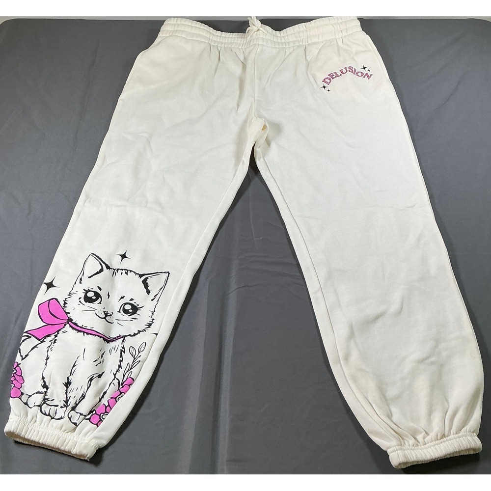 Wound Up Womens Cat Graphic Delusion Fleece Joggers White XXL 20 New